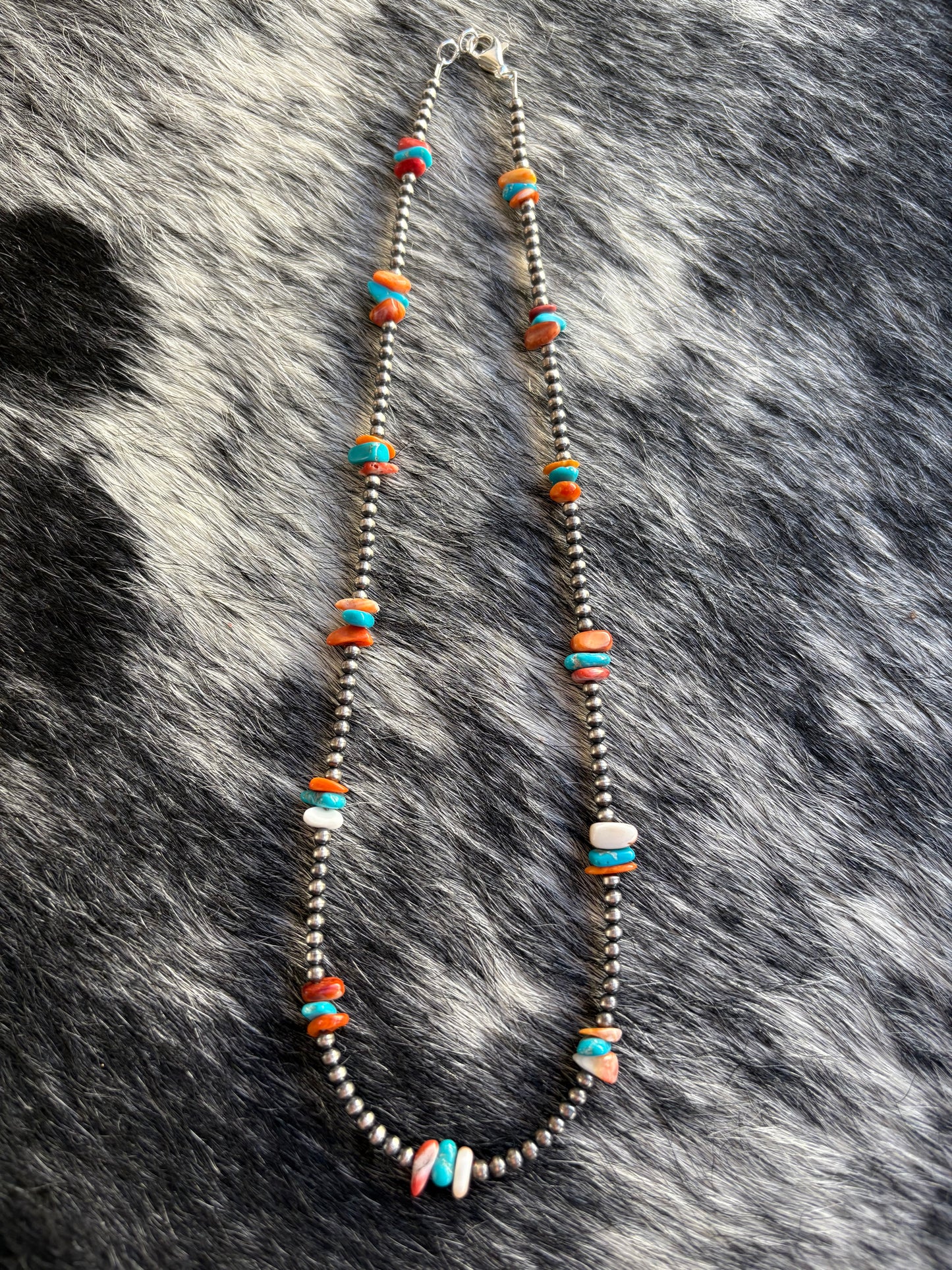 Orange Spiny and Turquoise Navajo Pearl Necklace
