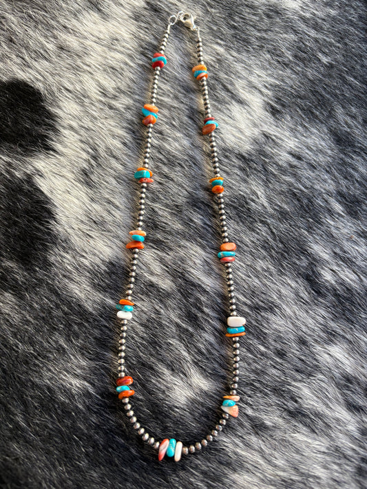 Orange Spiny and Turquoise Navajo Pearl Necklace
